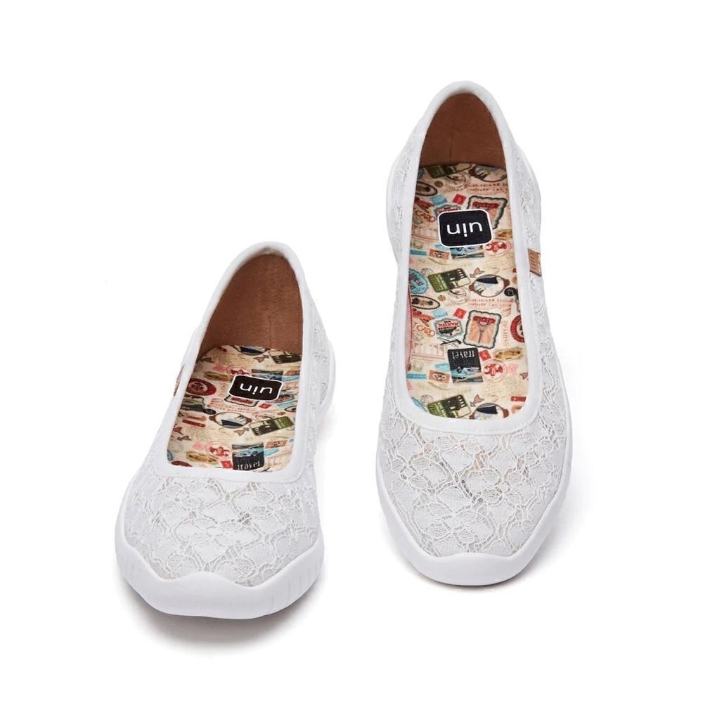 UIN Women's Ballet Flats Slip On Casual Comfort Loafers (White Lace Menorca III)